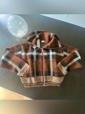 Vigoss Brown Black Cream Plaid Cowl Neck Zip Sweater